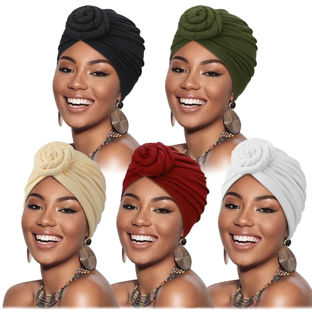4879 5 Pack Knotted Headwraps African Turban Pre-Knotted Beanie Headwraps